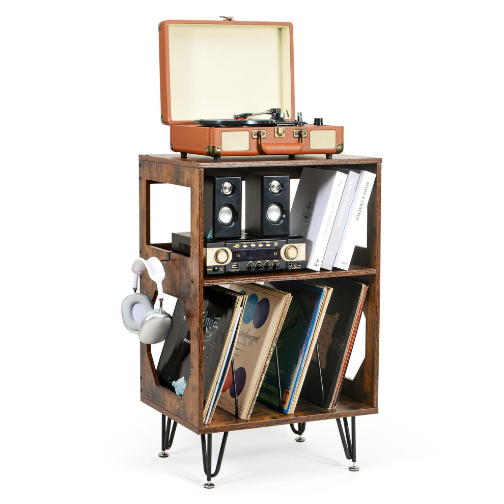 ikkle Rustic Record Player Stand, End Table with Record Storage, Vinyl Record Storage Cabinet Holder with Metal Legs, Turntable Stand Record Storage