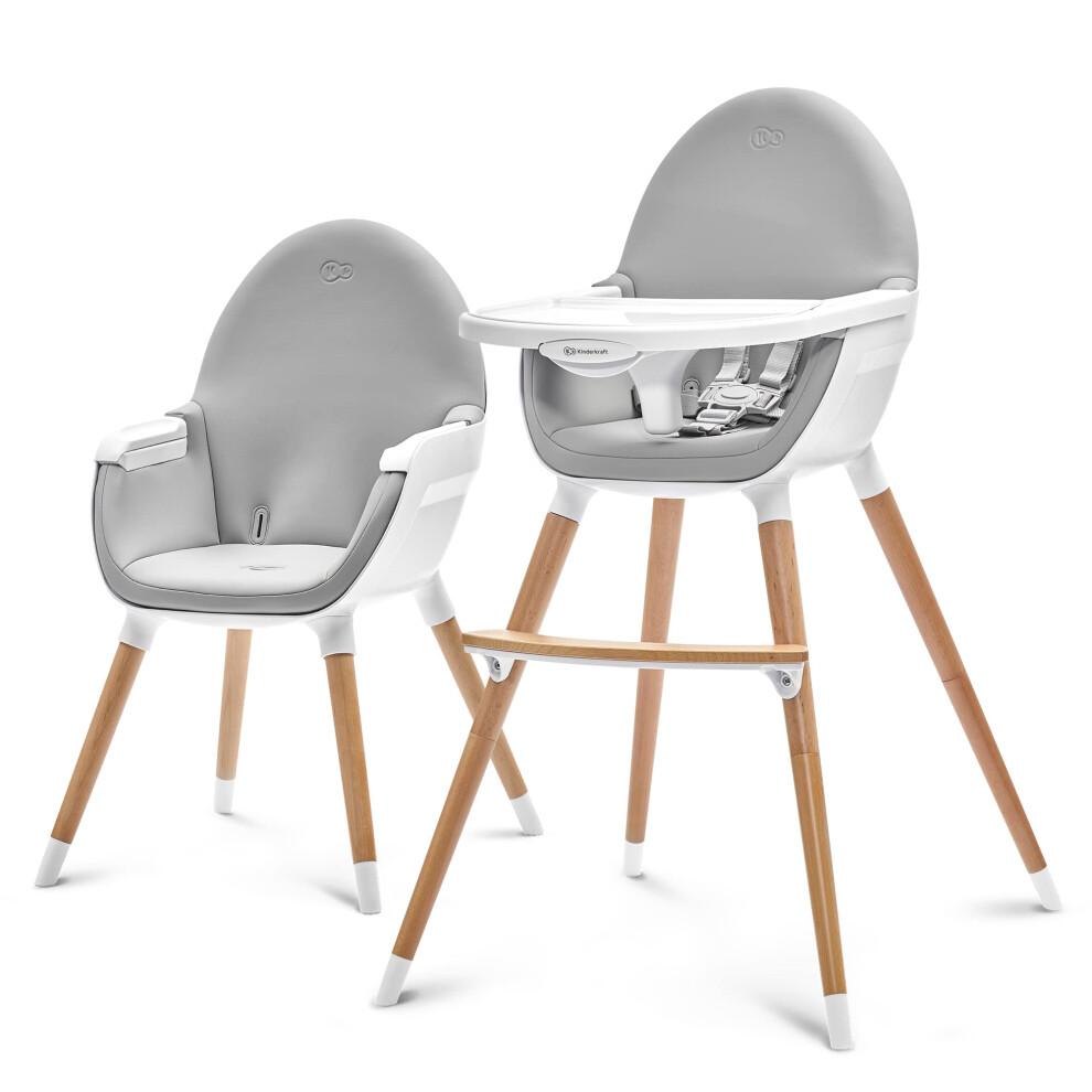 Kinderkraft Fini 2-in-1 High Chair, Baby Chair, Combination High Chair, Wooden Legs, Seat Belts, Footrest, Double Tray, from 6 Months to 5 Years,
