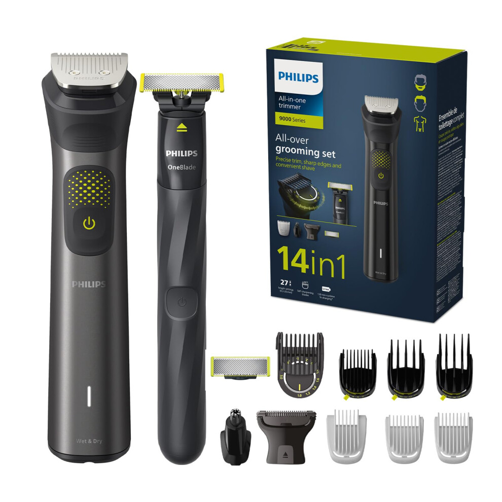 Philips Series 9000 14-in-1 Trimmer + OneBlade, Precise Trim, Sharp Edges, Convenient Shave, Premium Toiletry Bag