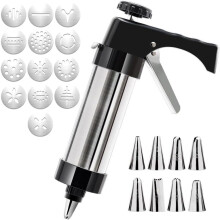 Cookie Press Gun Set, Stainless Steel Icing Decoration Press Gun Kit with 13 Discs and 8 Piping Nozzles for Cookies Cake Decoration