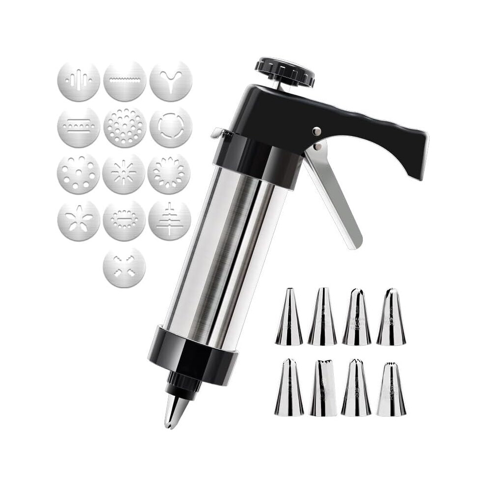 Cookie Press Gun Set, Stainless Steel Icing Decoration Press Gun Kit with 13 Discs and 8 Piping Nozzles for Cookies Cake Decoration