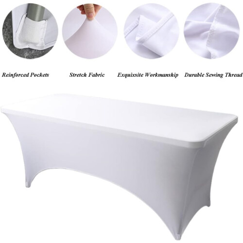 (6FT, White) Rectangular Stretchable Tablecloth Foldable Dinner Table Stretch Spandex Fitted Table Cloth Cover Protector for Wedding Party 1