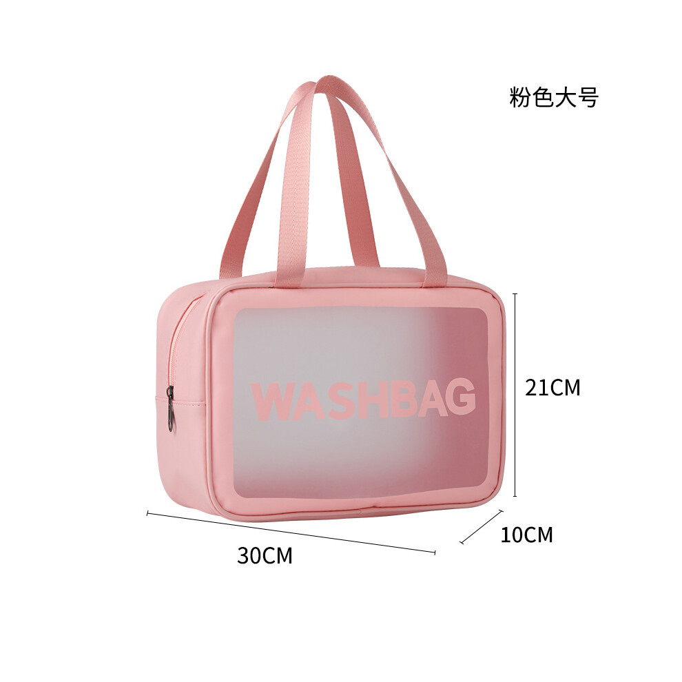 (Pink large size) PU waterproof cosmetic bag portable large capacity transparent toiletry bag travel frosted cosmetics storage bag swimming bag