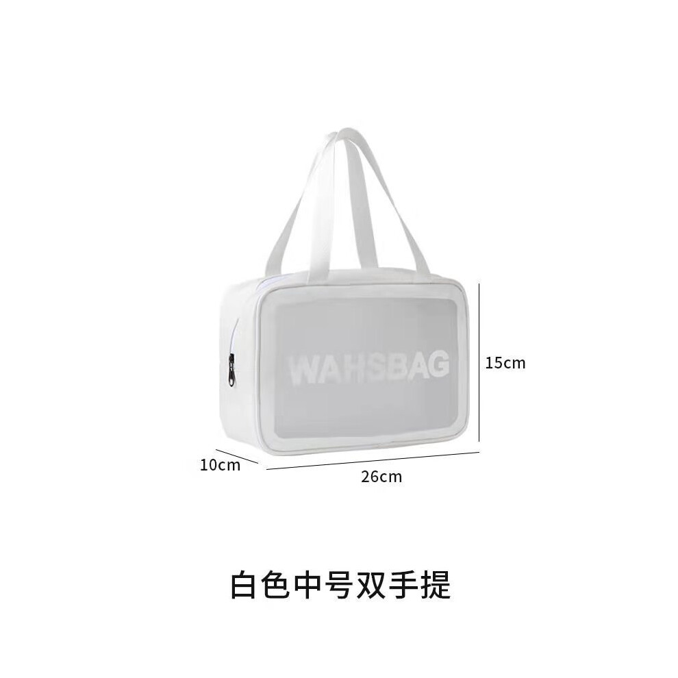 (White Medium [Double Handles]) PU waterproof cosmetic bag portable large capacity transparent toiletry bag travel frosted cosmetics storage bag swimm