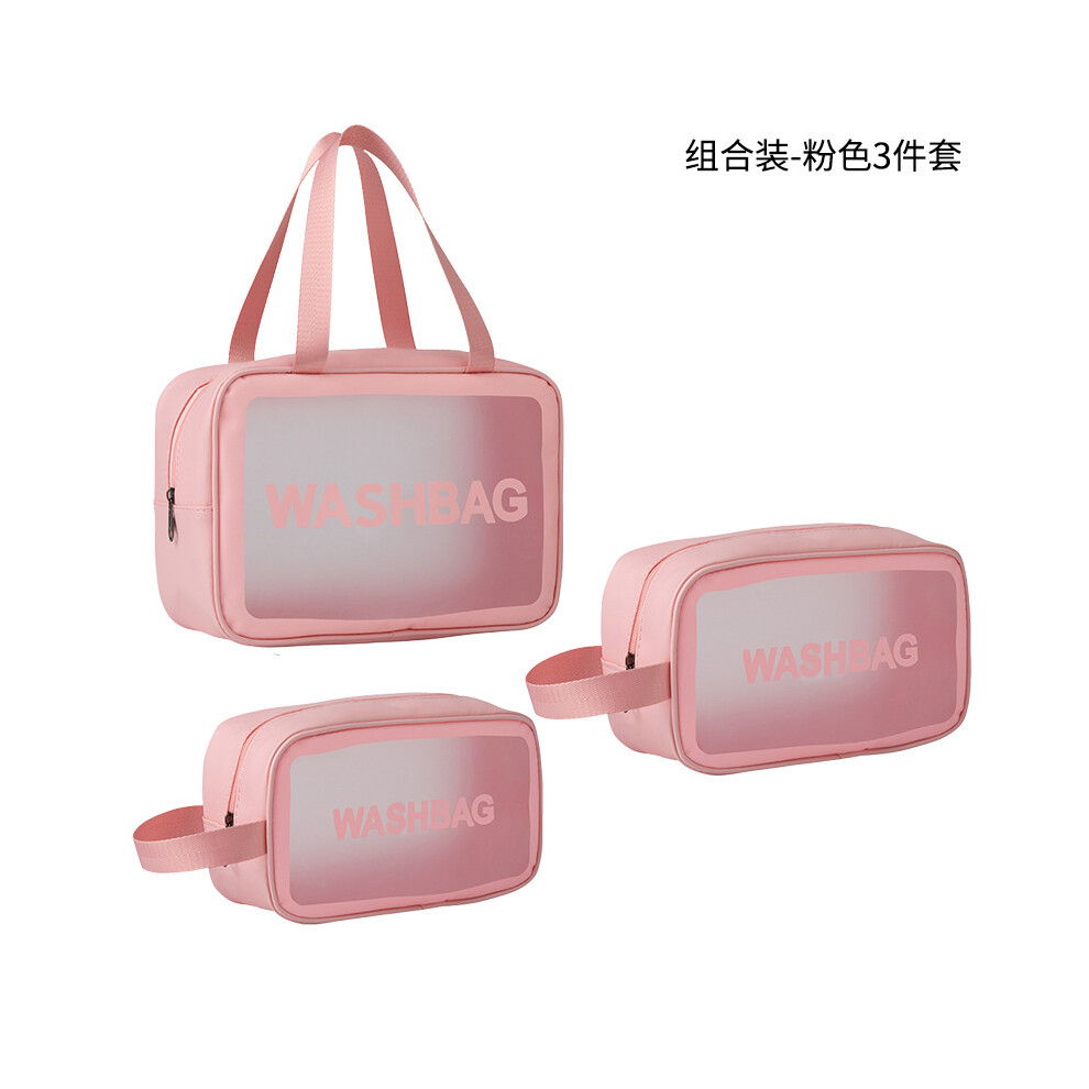 (Pink three-piece suit) PU waterproof cosmetic bag portable large capacity transparent toiletry bag travel frosted cosmetics storage bag swimming bag