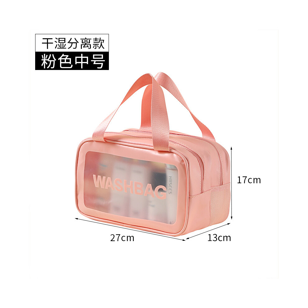 (Pink Medium [Dry and Wet Separation]) PU waterproof cosmetic bag portable large capacity transparent toiletry bag travel frosted cosmetics storage ba