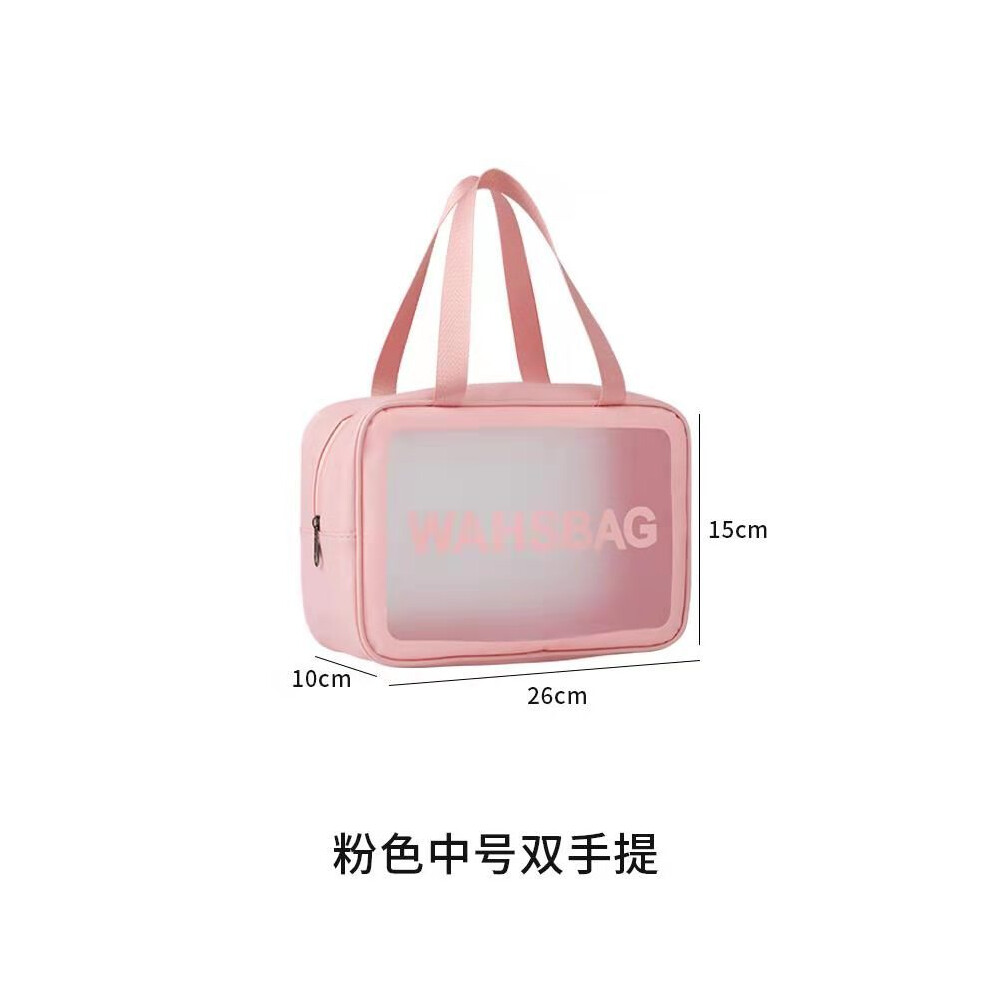 (Pink Medium [Double Handles]) PU waterproof cosmetic bag portable large capacity transparent toiletry bag travel frosted cosmetics storage bag swimmi