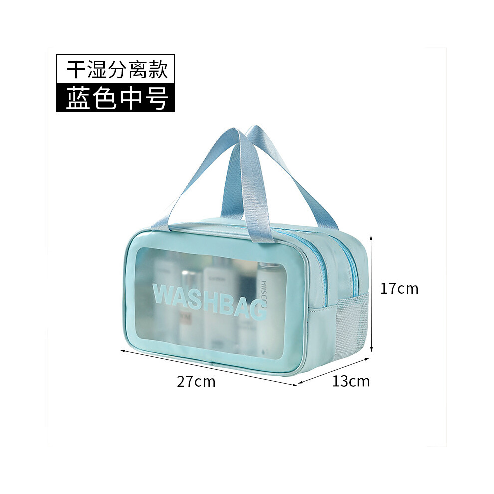 (Blue Medium [Dry and Wet Separation]) PU waterproof cosmetic bag portable large capacity transparent toiletry bag travel frosted cosmetics storage ba