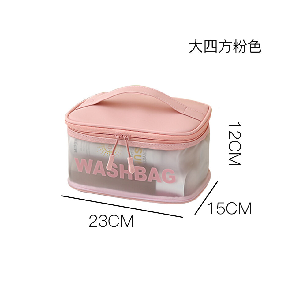 (Square bag pink) PU waterproof cosmetic bag portable large capacity transparent toiletry bag travel frosted cosmetics storage bag swimming bag