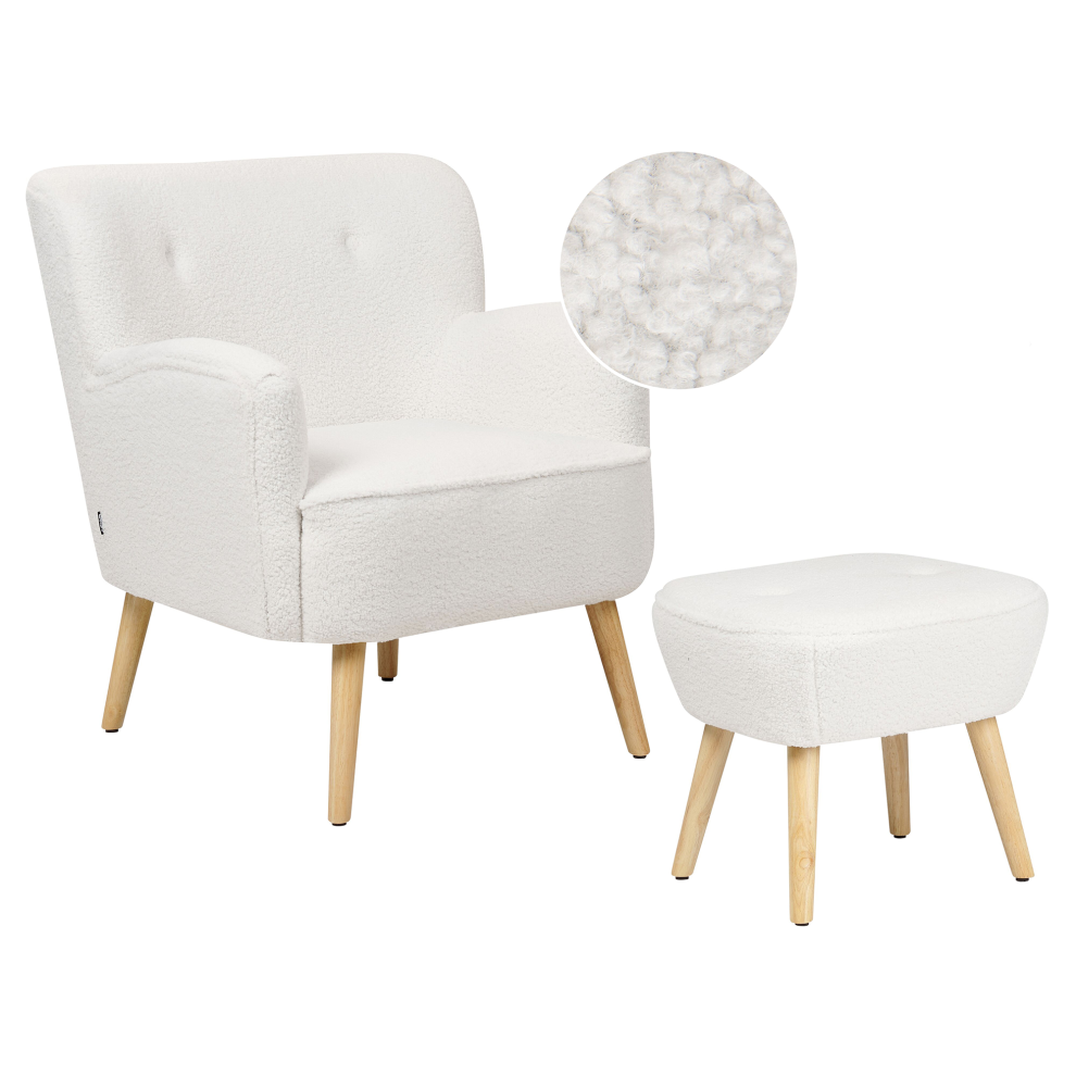 Armchair TUMBA with Footstool Boucle White