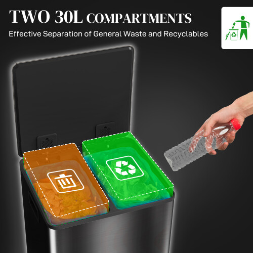 Homcom HOMCOM 2 x 30L Double Kitchen Bin, Pedal Bin with Soft-Close Lid, Black 2