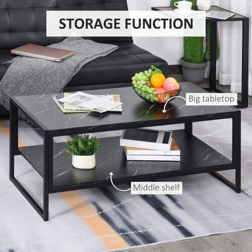 Homcom HOMCOM Two-Tier Coffee Table with Marble Effect Shelf and Metal Frame Black 2
