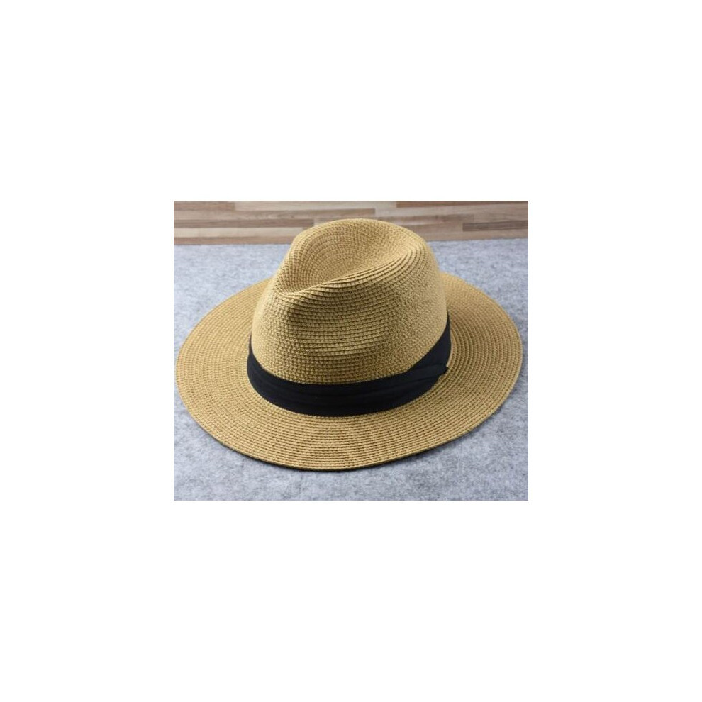 (M/55- 57cm, Khaki) Women/Men Wide Brim Soft Shaped Panama Straw Hat Summer Beach Sun Cap Fedora Hat