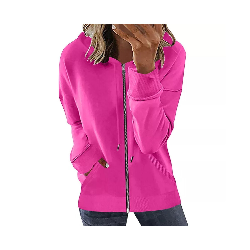(Rose Red, XL) Womens Long Sleeve Zip Up Hoodie Tops Ladies Casual Loose Hooded Sweatshirt Coat