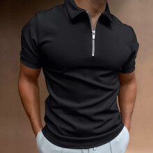 (Black, M) Mens Zip Neck Shirt Short Sleeve Polo Shirts T Shirt Casual Plain Slim Fit Tops