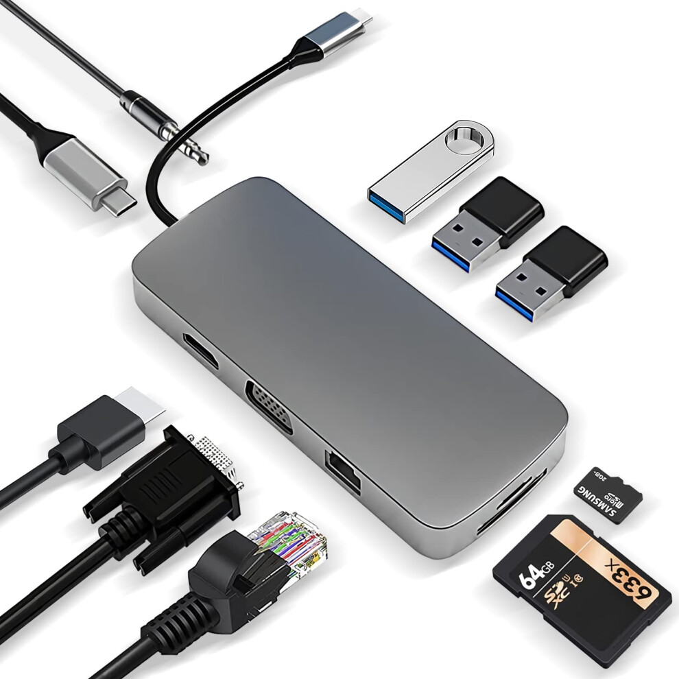 Chronus Usb C Hub, Docking Station, Usb C Adapter 10 In 1 With 4K Hdmi, Vga, 100W Pd, Usb 3.0 Port, Rj45 Ethernet, Sd/Tf And 3.5Mm Aux, Compatible 6976919895096