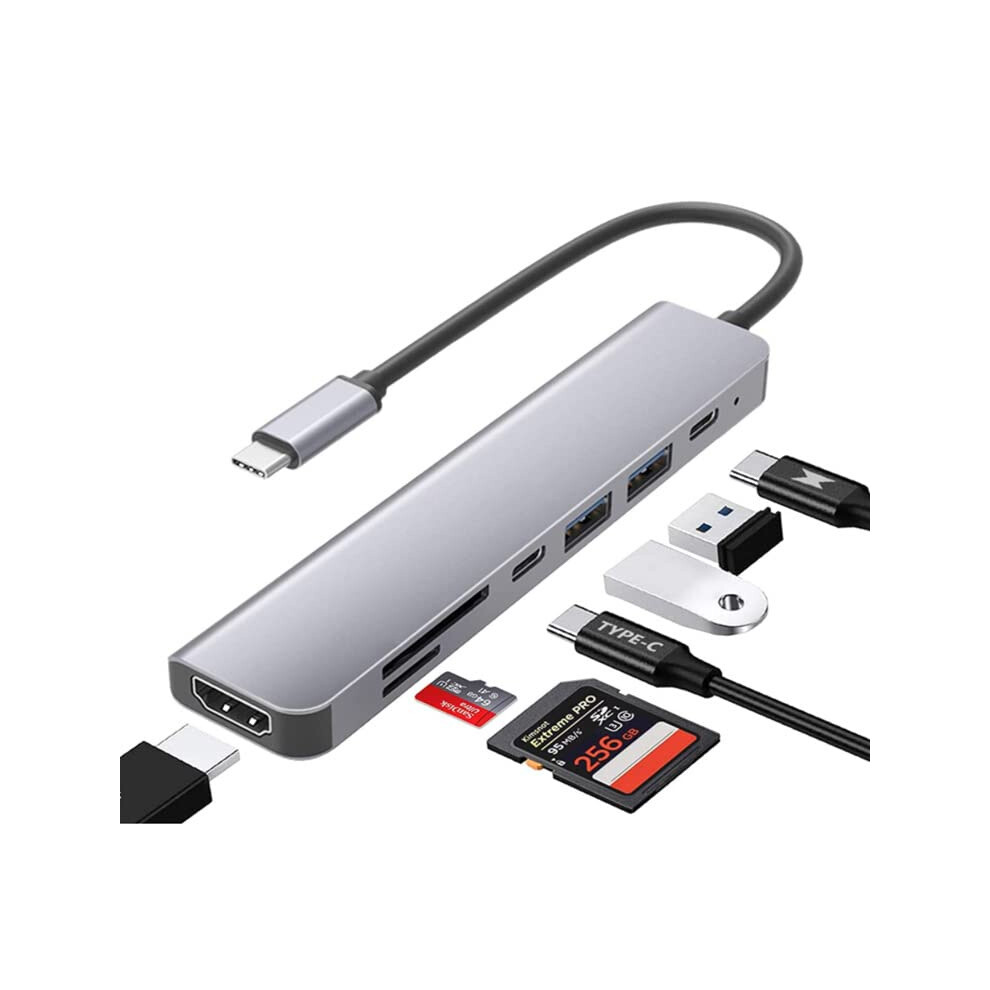 Chronus 7 In 1 Usb C Hub Splitter Docking Station Dongle Dual Usb 3.0 Multi Port Adapter, Hdmi 4K 60Hz Type C Data Port, Sd/Tf Card Reader Fast Charge 6976919894921