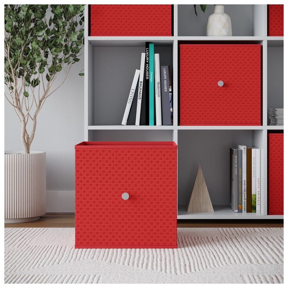 (1, Red) Foldable Woven Fabric Storage Cube Box Drawer Insert Basket with Handle