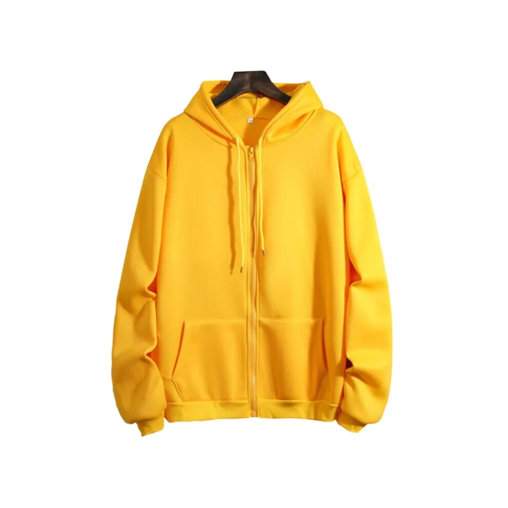 (Yellow, L=UK SIZE 12) Women Long Sleeve Plain Hoodie Tops Ladies Casual Baggy Zip Up Hooded Sweatshirt