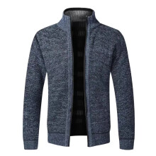(Blue, Tag XL=UK L) Mens Fleece Lined Cable Knitted Zip Up Cardigan Warm Winter Jumper Outerwear