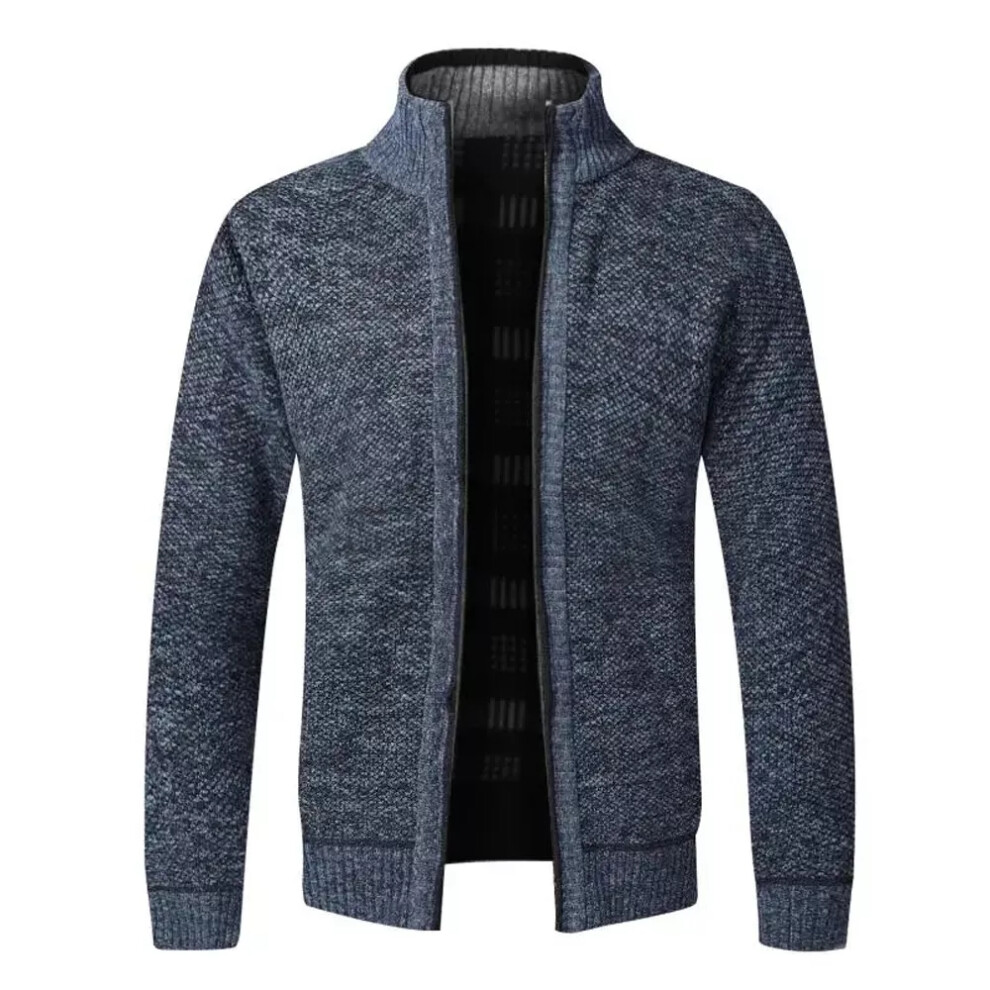 (Blue, Tag XL=UK L) Mens Fleece Lined Cable Knitted Zip Up Cardigan Warm Winter Jumper Outerwear