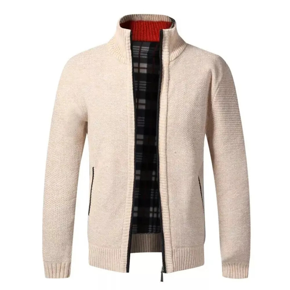 (Beige, Tag M=UK S) Mens Fleece Lined Cable Knitted Zip Up Cardigan Warm Winter Jumper Outerwear
