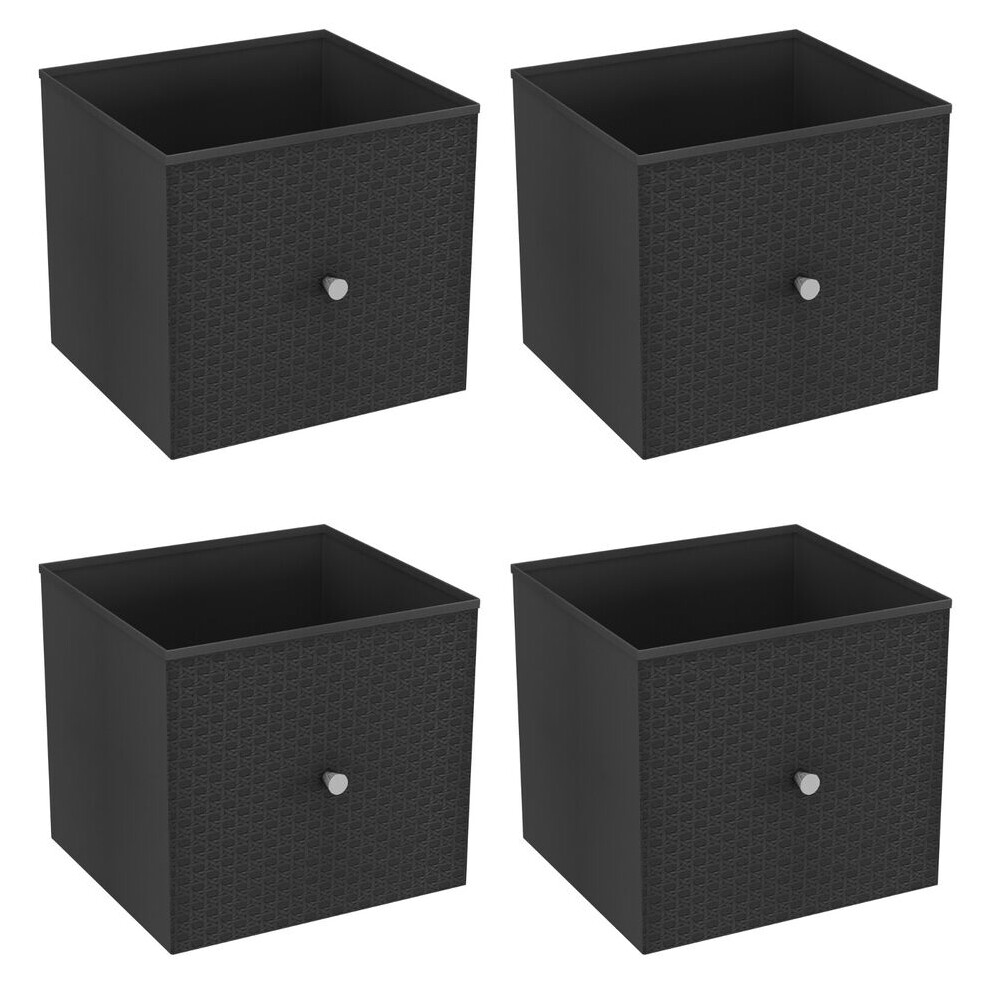 (4, Black) Foldable Woven Fabric Storage Cube Box Drawer Insert Basket with Handle