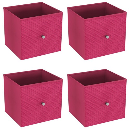 (4, Fuschia) Foldable Woven Fabric Storage Cube Box Drawer Insert Basket with Handle
