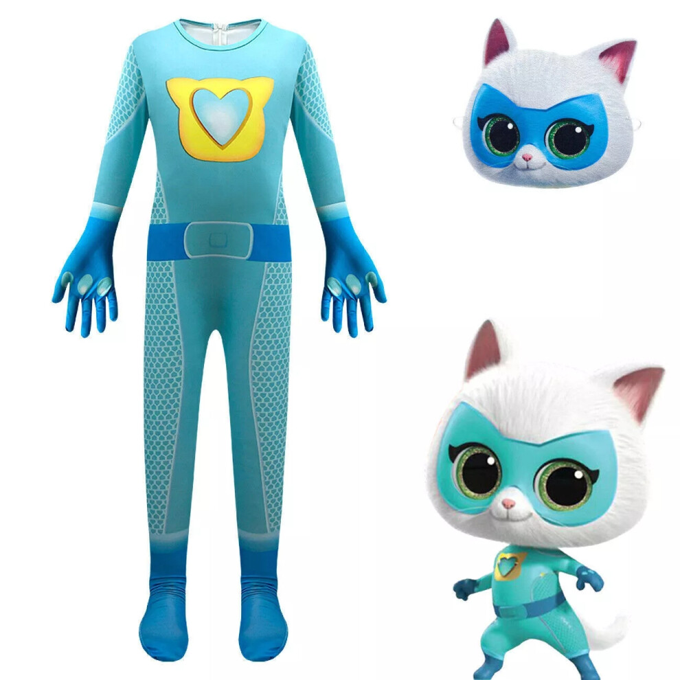 (Blue Jumpsuit+Mask, 110/4-5Years) Kids SuperKitties Cat Cosplay Costume Jumpsuit Mask Fancy Dress Outfit Gifts