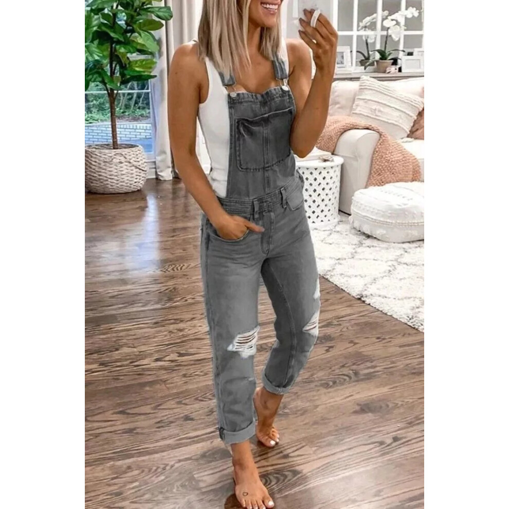 (Gray, 2XL = 14) Plus Size Womens Ripped Denim Jumpsuit Romper Dungaree Overalls Bib Jeans Pants-image-OPC-PF2WZTW-NEW