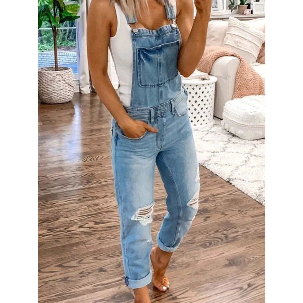 (Light Blue, M = 8) Plus Size Womens Ripped Denim Jumpsuit Romper Dungaree Overalls Bib Jeans Pants