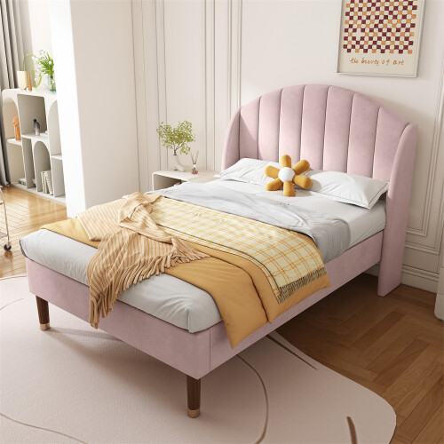 (Pink , 90*190cm) Upholstered bed, with Slatted Frame and Headboard