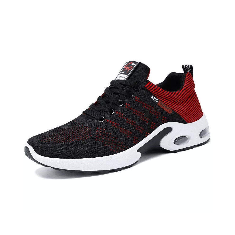 (BLACK RED, UK 9) MENS SHOCK ABSORBING RUNNING TRAINERS CASUAL LACE GYM WALKING SPORTS SHOES