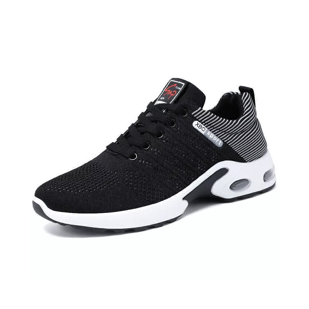 (BLACK WHITE, UK 6.5) MENS SHOCK ABSORBING RUNNING TRAINERS CASUAL LACE GYM WALKING SPORTS SHOES