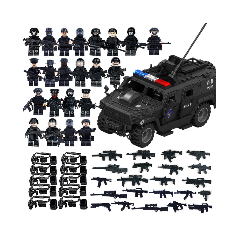 (22Pcs Figures + SWAT Car) Military Building Block Set Black SWAT with Car