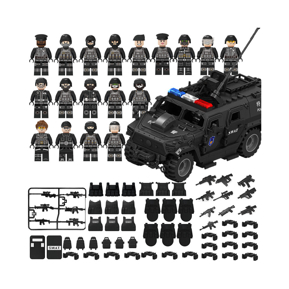 (18Pcs Figures + SWAT Car) Military Building Block Set Black SWAT with Car