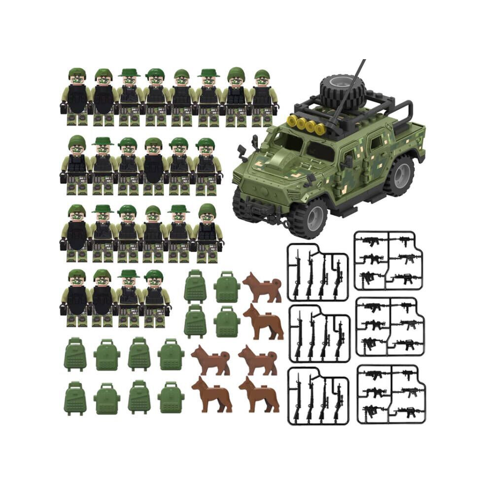 (24Pcs Forest Figures + Car) Military Building Block Set Black SWAT with Car