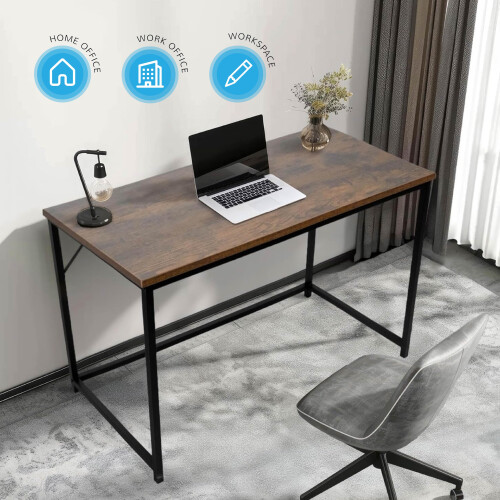 House of Home Computer Desk Rustic Dark Brown Medium with Black Coated Metal Frame 1