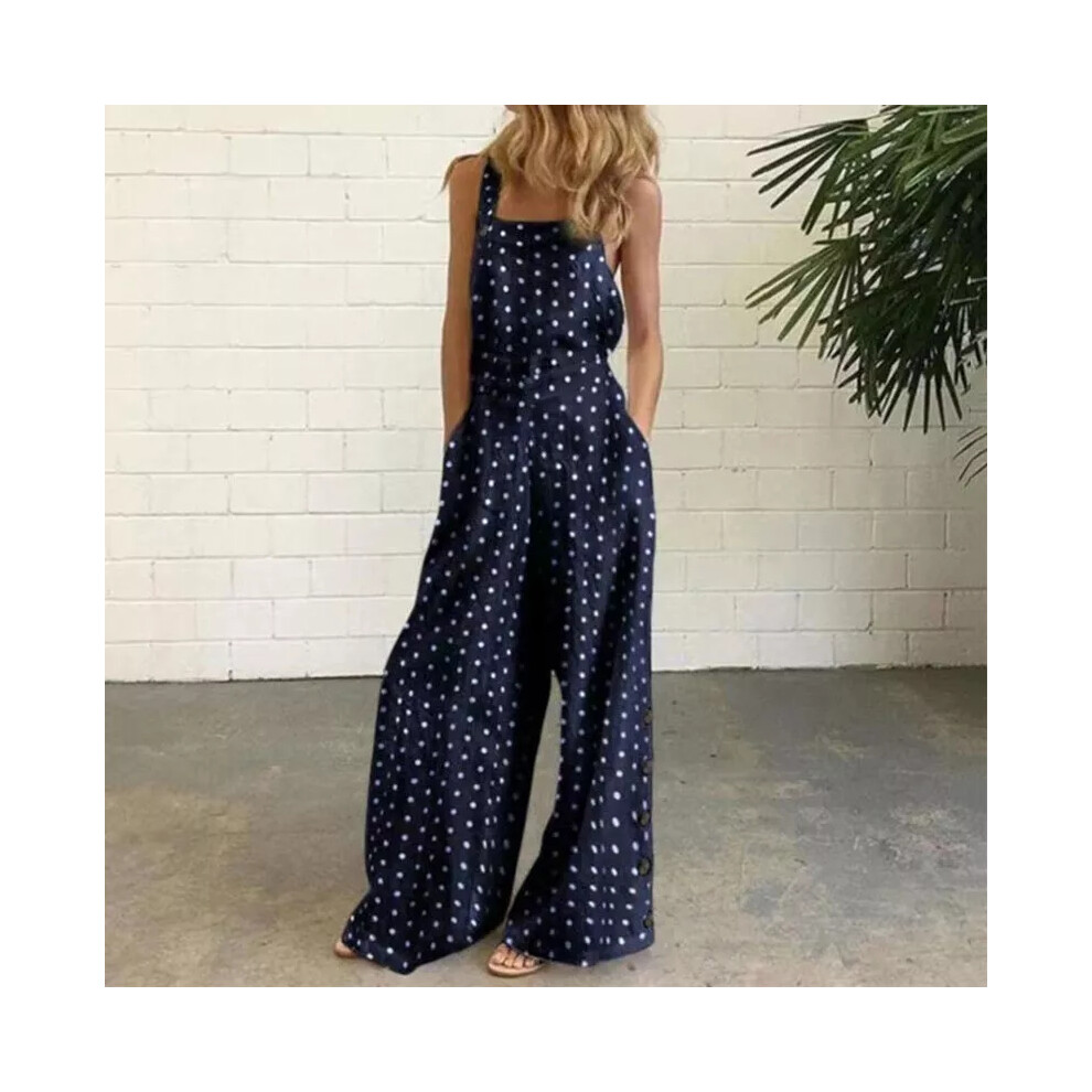 (Navy Blue Dots, M) Ladies One Piece Jumpsuit Square Neck Wide Leg Pants Women Sleeveless Beach-image-OPC-PF2X6HW-NEW