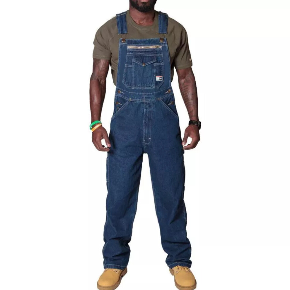(Deep 4XL = 48) Mens Denim Dungarees Bib Pants Trousers Jumpsuit Cargo Overalls Workwear Jeans Blue
