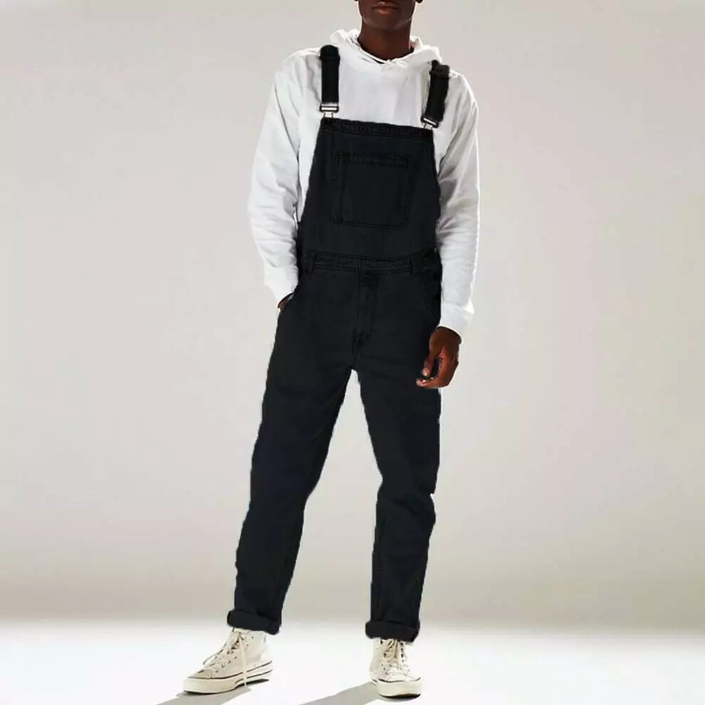 (S, ) Mens Suspender Denim Bib Jeans Pants Dungarees Pocket Workwear Jumpsuit Overalls Black