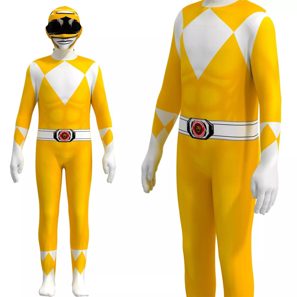 (Yellow, 140CM) Adults Kids Power Ranger Jumpsuits Cosplay Party Costume Halloween Fancy Dress