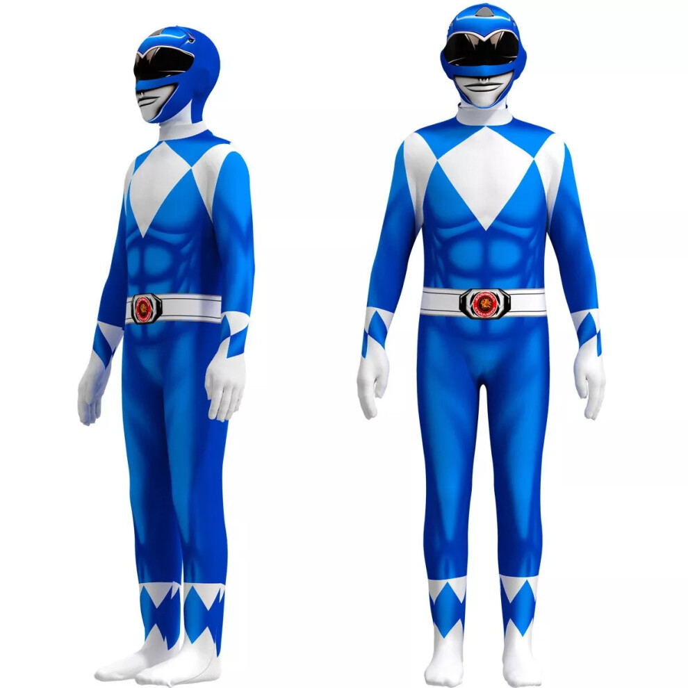 (Blue, 160CM) Adults Kids Power Ranger Jumpsuits Cosplay Party Costume Halloween Fancy Dress