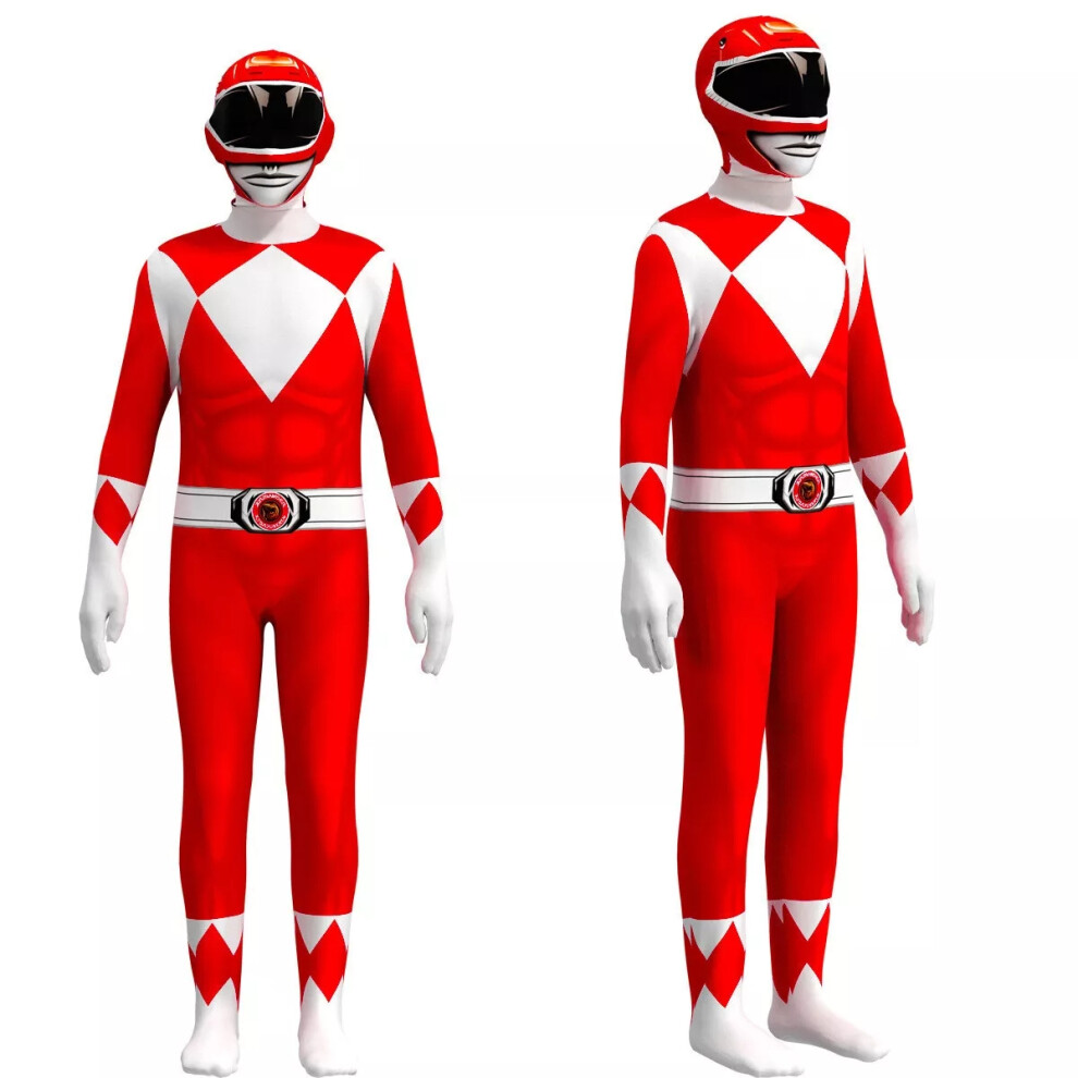 (Red, 120CM) Adults Kids Power Ranger Jumpsuits Cosplay Party Costume Halloween Fancy Dress