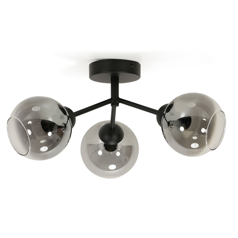 Aria 3 Way Black Metal Ceiling Light With Smoked Glass Lampshade