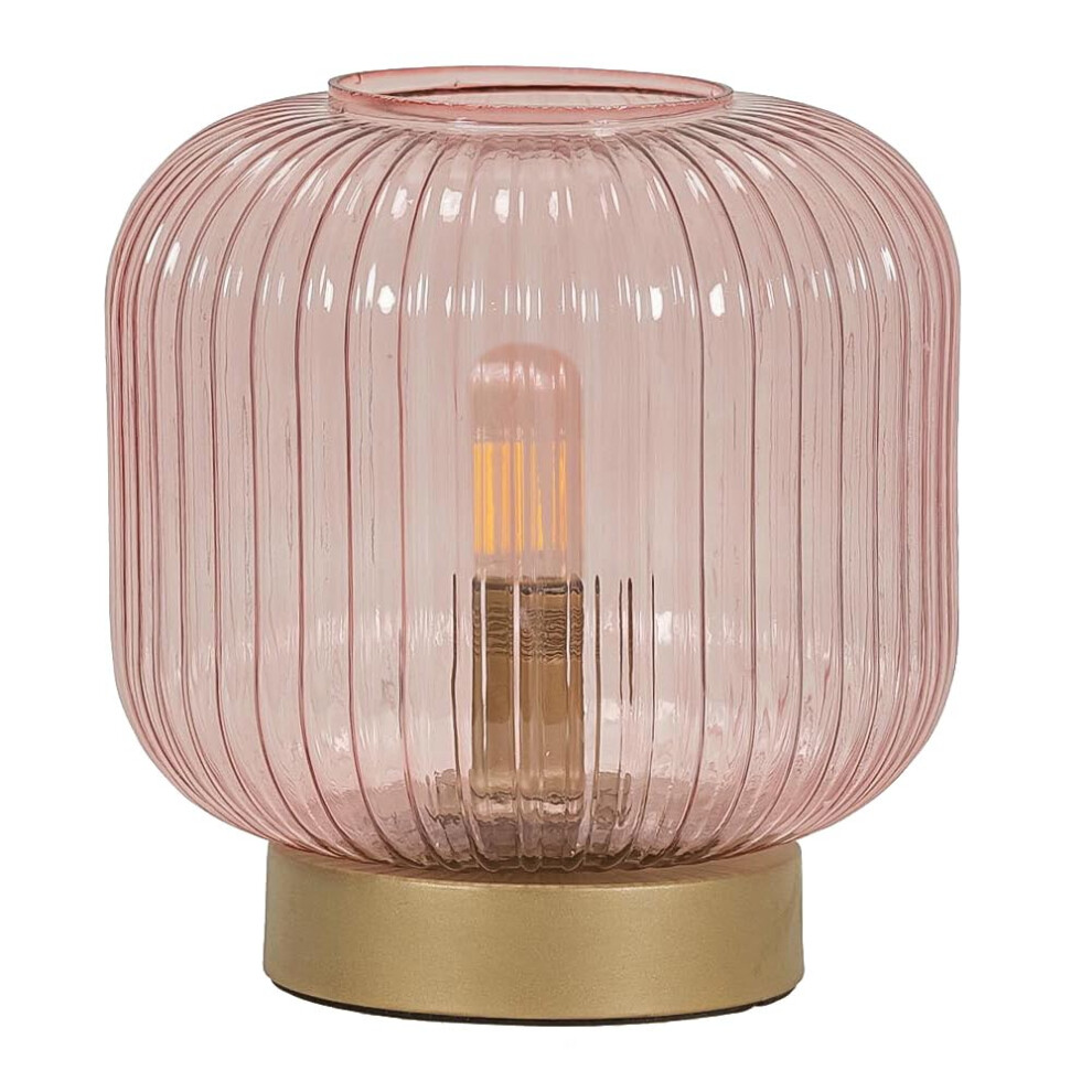 Blush Pink Ribbed Glass Portable Cordless Battery Table Lamp Light