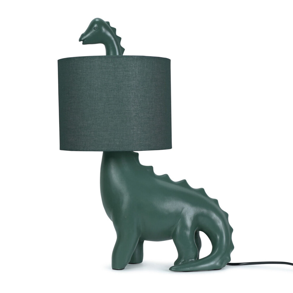Kids Green Dinosaur Table Lamp Drum Fabric Shade Children's Dino Light