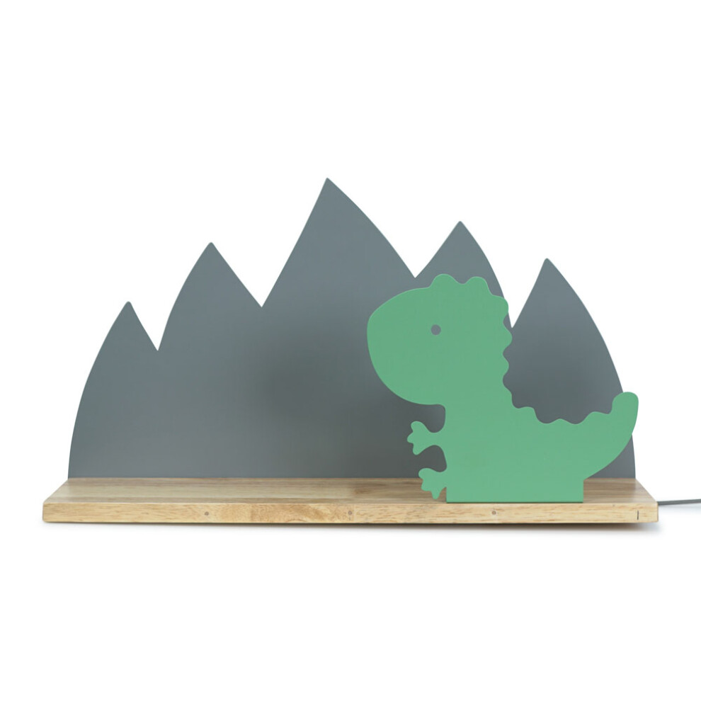 Kids Green and Grey Dinosaur Design Plug in Wall Light with Shelf