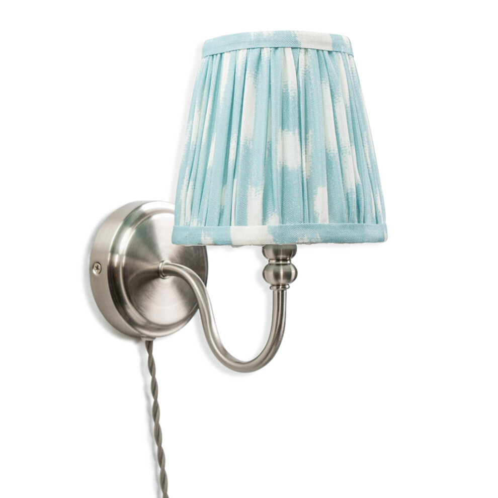 Plug In Brushed Chrome Wall Light with Blue Pleated Fabric Tapered Lampshade