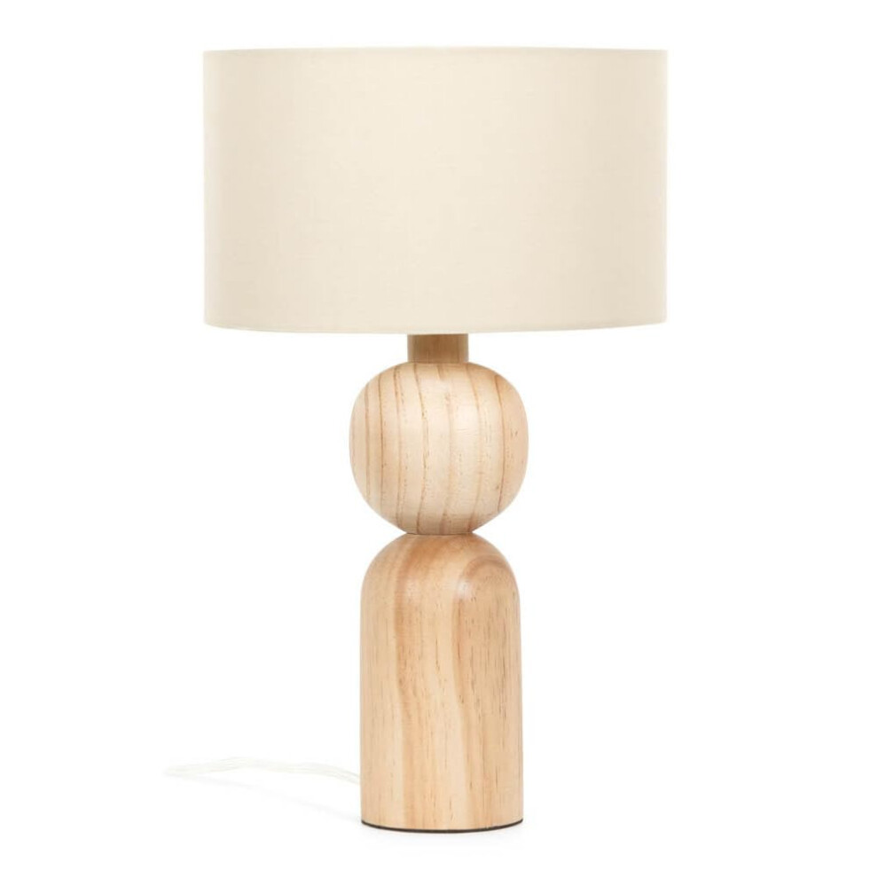 Rustic Wooden Base Table Lamp with Natural Drum Shade Light + LED